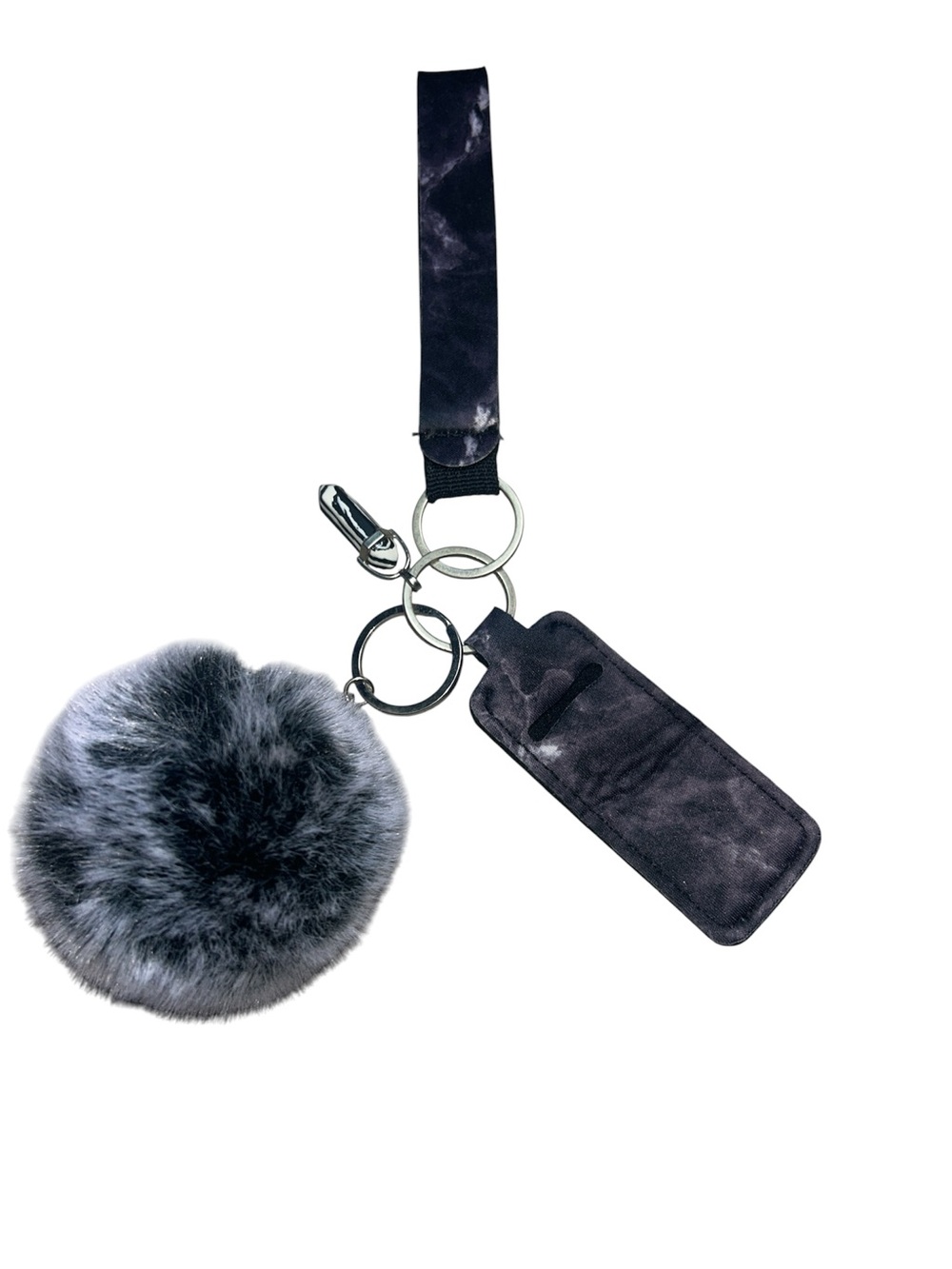 Plush Pom-Pom Keychain Wristlet with Card Holder - Gray